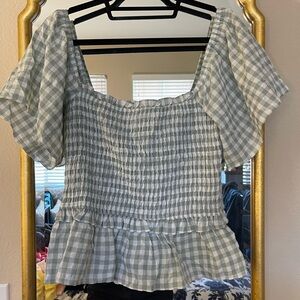 Green and White Gingham Square Neck Top
